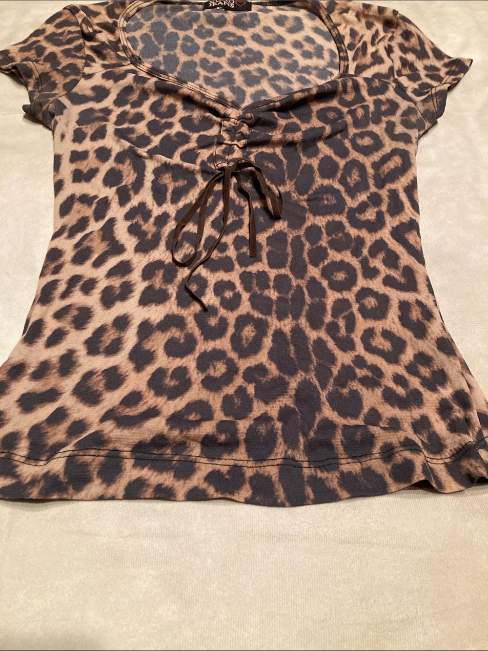 XOXO Leopard Print Tie-Front Short Sleeve Top - Brown/Black